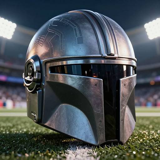 Photorealistic CGI of a futuristic, metallic Mandalorian-style helmet with circuit patterns, set on a grassy field under stadium lights.