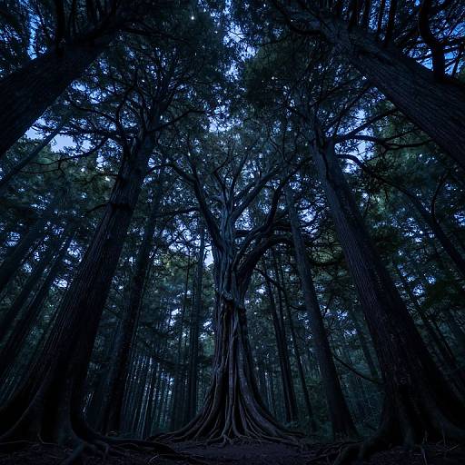 Photograph of a dense, dark forest with towering, thick-trunked trees and sparse blue sky visible through the canopy, creating a mystical, shadow