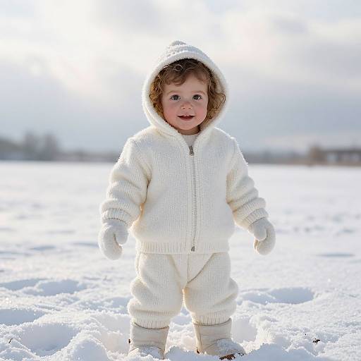 Photograph of a smiling, curly-haired toddler in a white, textured winter outfit, standing in a snowy field with bright sunlight.