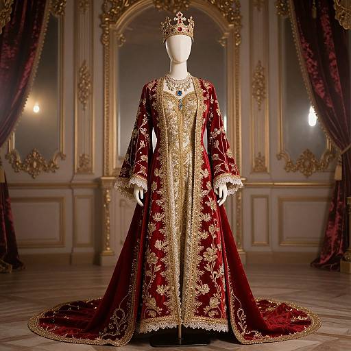 Royal Red and Gold Embroidered Gown with Crown