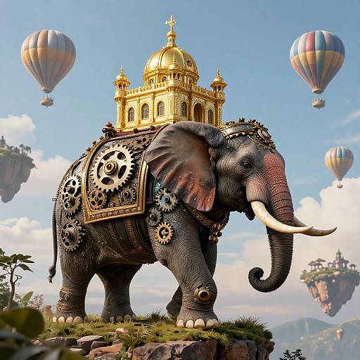Digital artwork: Majestic, gears-adorned elephant with golden dome atop, standing on rocky terrain, surrounded by floating islands and colorful hot air balloons