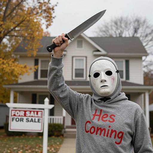 Person in Mask Holding Knife in Front of House