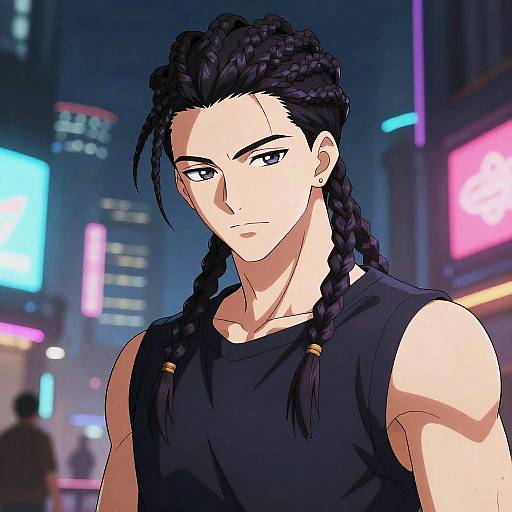 Digital anime-style drawing of a muscular, dark-haired man with braided hair, wearing a black sleeveless shirt, standing in a neon-lit city