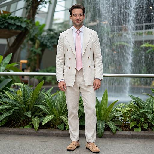 Photograph of a handsome man with dark hair, light beard, wearing a white double-breasted suit, pink shirt, and tan shoes, standing in