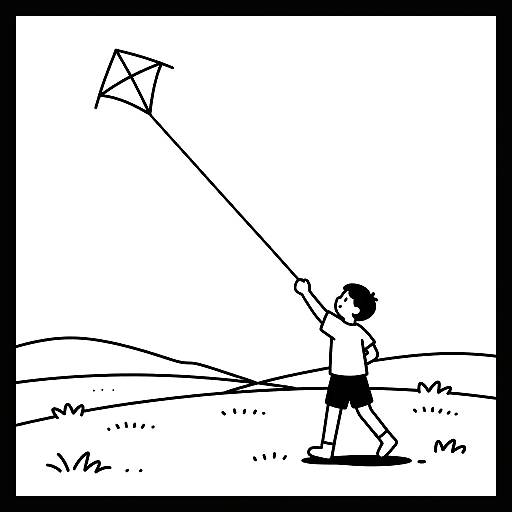 Boy Flying Kite in Meadow Line Art