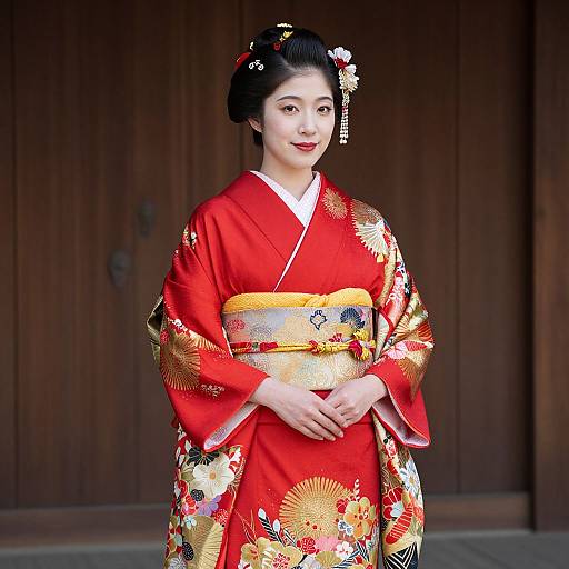 Photograph of an elegant Japanese woman in a red floral kimono with gold accents, traditional hair ornaments, and a wooden background.