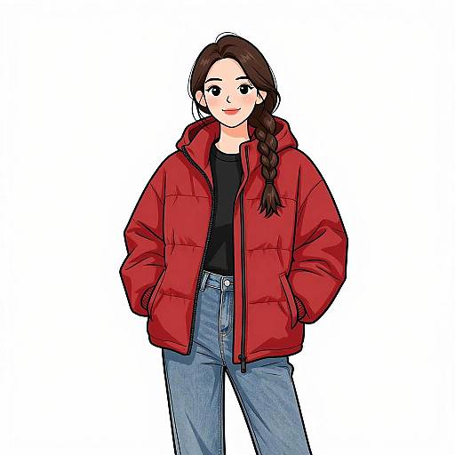 Digital drawing of a smiling woman with long brown hair in a braid, wearing a red puffy jacket, black shirt, and blue jeans, standing