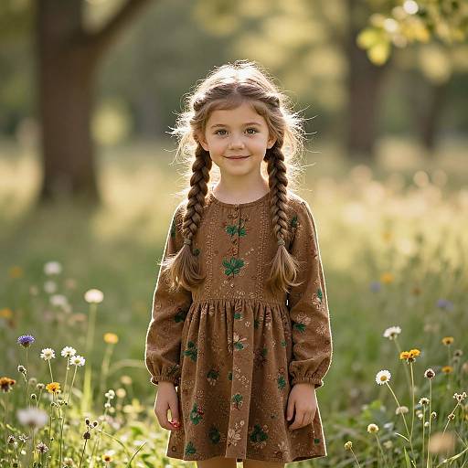 Photograph of a young girl with braided brown hair, wearing a brown dress with green floral embroidery, standing in a sunlit meadow of wild