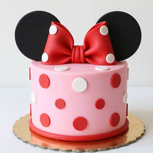 Photograph of a pink, polka-dotted cake with black Mickey ears and a red bow, on a gold round board.