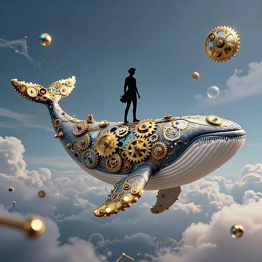 Digital artwork of a silhouetted person standing on a giant, gear-adorned whale against a blue sky with clouds and floating gears.