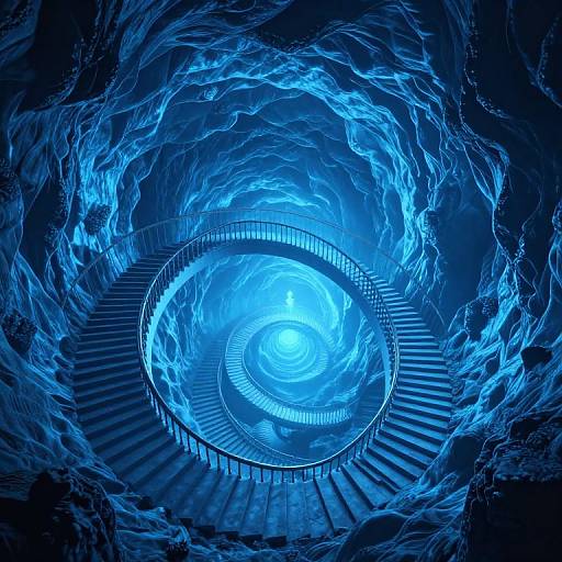 Digital artwork of a spiraling staircase surrounded by swirling, glowing blue water, creating a hypnotic, vortex-like effect.