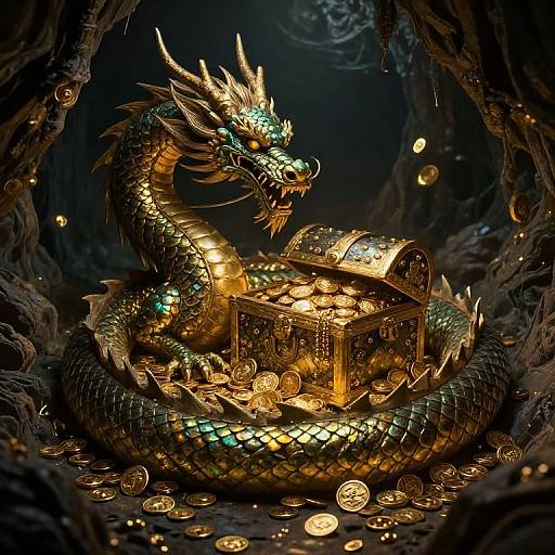 Digital artwork of a glowing, golden dragon coiled around a treasure chest filled with gold coins in a dark, cave-like setting.