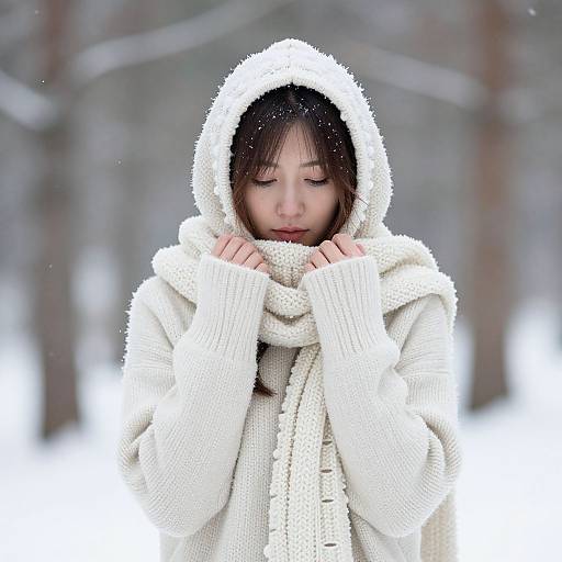 Photograph of a young Asian woman with closed eyes, wearing a white, fluffy hooded coat and scarf, standing in a snowy forest.
