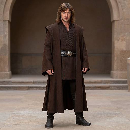 Photograph of a man with long brown hair, wearing a black, quilted robe with a long coat, black belt, and boots, standing in