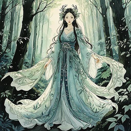 Ethereal Forest Spirit in Flowing Gown