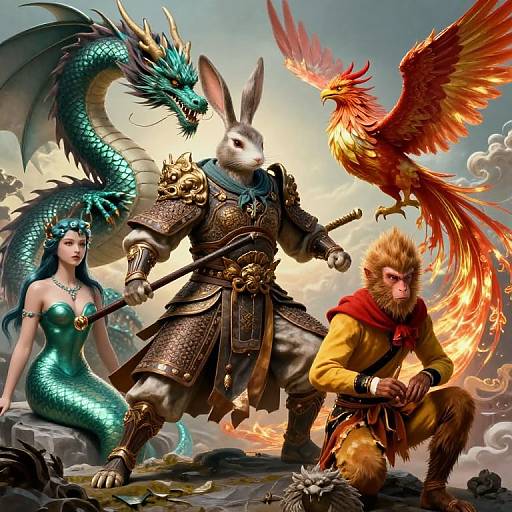 Fantasy artwork: White armored rabbit warrior, dragon, fiery phoenix, and green snake-woman with blue scales, standing on rocky landscape. Dynamic,