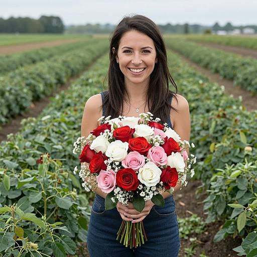 Smiling Woman with Vibrant Rose Bouquet