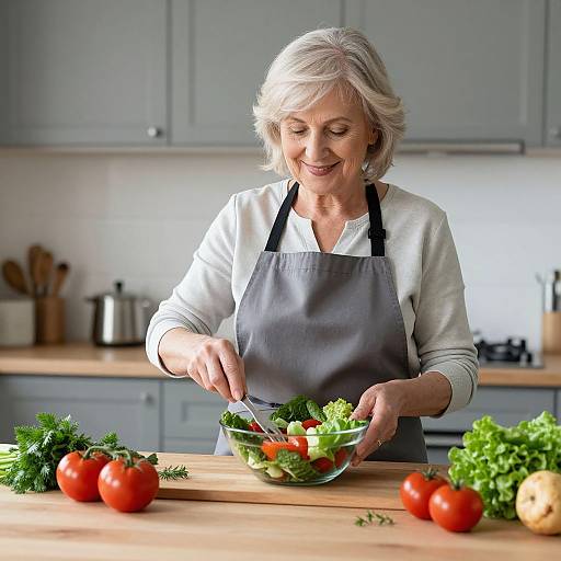 Photograph of an elderly white woman with short gray hair, wearing a white shirt and gray apron, chopping colorful vegetables on a wooden kitchen counter.