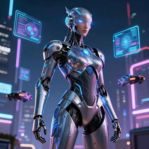 Futuristic Cybernetic Humanoid in Neon Cityscape