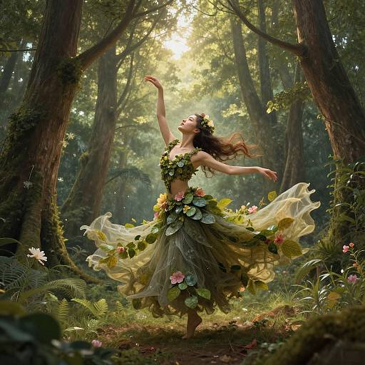 Digital fantasy artwork of a dancing woman in a leaf dress and flower crown, arms raised, in a sunlit, enchanted forest.
