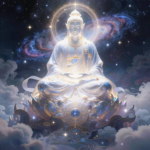 Glowing, ethereal Buddha statue seated on a cosmic lotus, surrounded by stars, galaxies, and clouds, with a radiant halo. Digital