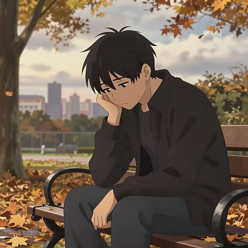 Anime-style drawing of a sad black-haired boy in black clothes, sitting on a park bench amidst autumn leaves, with a city skyline in the blurred background