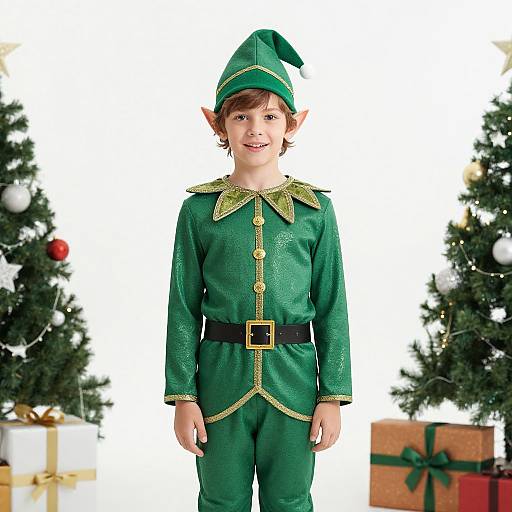 Photograph of a smiling young child in a green elf costume with gold accents, standing in front of decorated Christmas trees and wrapped gifts.