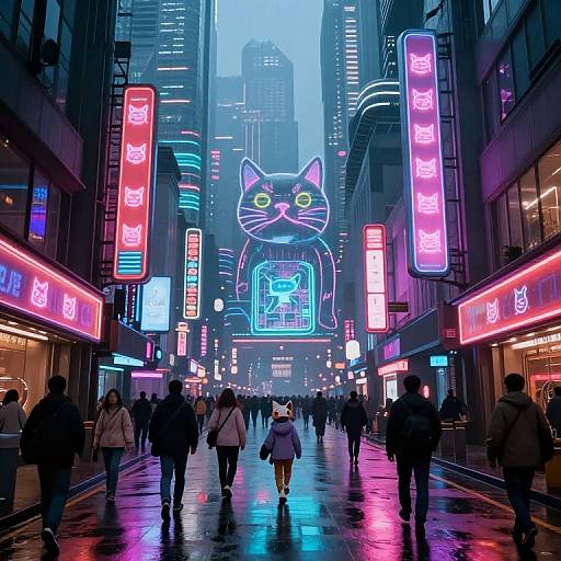 Neon-lit, cyberpunk-style city street photograph with a giant glowing cat face above, surrounded by colorful signs, wet pavement, and pedestrians.