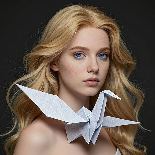 Digital CGI portrait of a fair-skinned, blue-eyed blonde woman with wavy hair, wearing a white paper origami collar against a dark background.