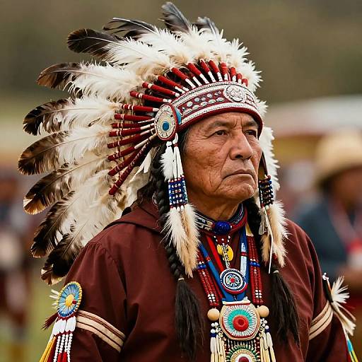 Photograph of an elderly Native American man with a weathered face, wearing a detailed feathered headdress, red brown shirt, and colorful bead neck