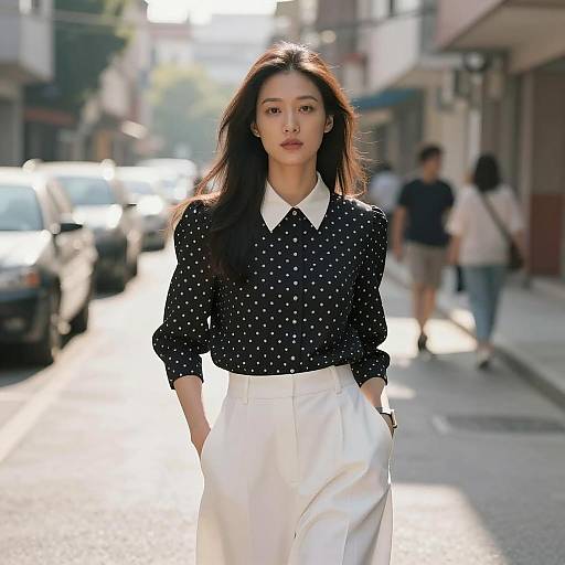 Woman in Polka Dot Blouse on Urban Street