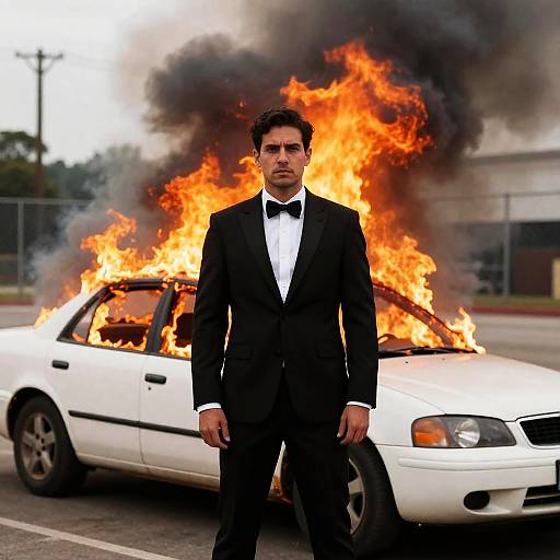 Serious Man in Front of Burning Car