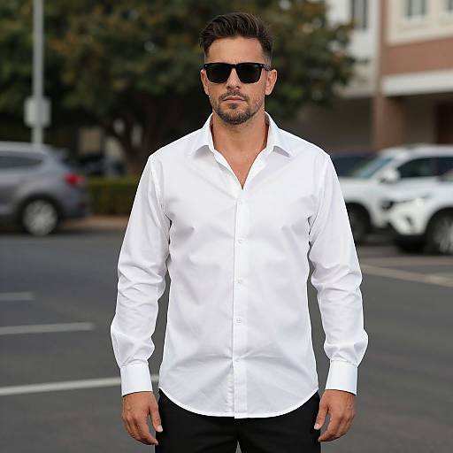 Photograph of a muscular, bearded man with short dark hair, wearing black sunglasses, white button-up shirt, and black pants, standing in a