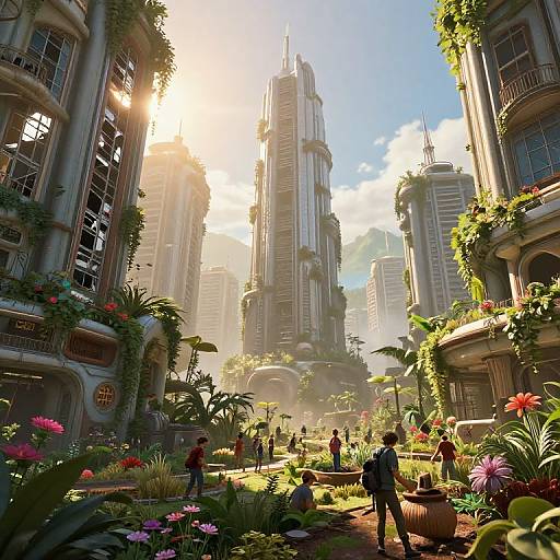 CGI image of a futuristic cityscape with sunlit skyscrapers, lush greenery, vibrant flowers, and people walking in a bustling courtyard.