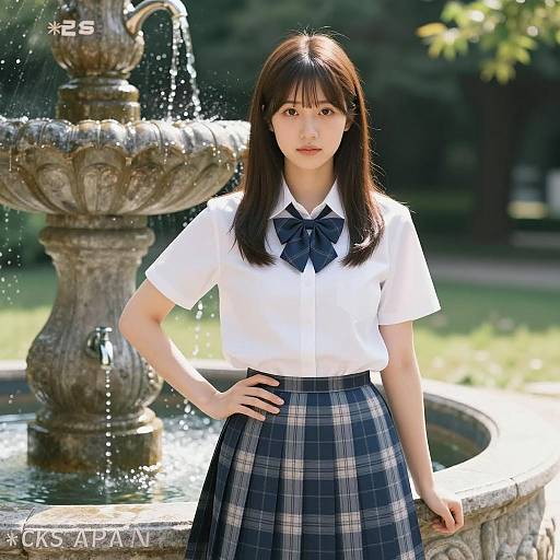 Asian Woman by Stone Fountain in Nature