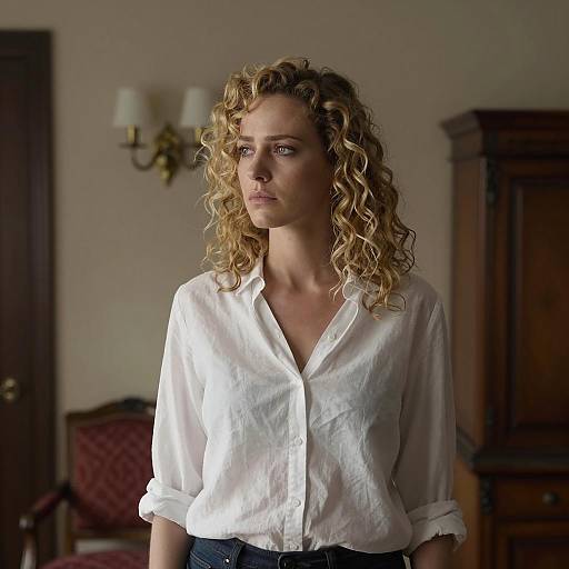 Serious Blonde in Dimly Lit Room