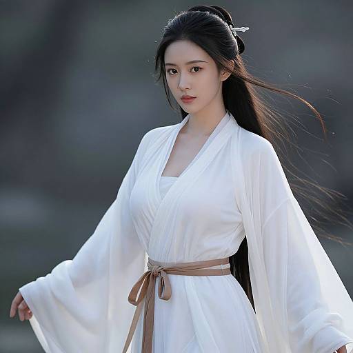 Photograph of an East Asian woman with long black hair, wearing a white traditional Korean hanbok with a brown belt, standing outdoors against a blurred