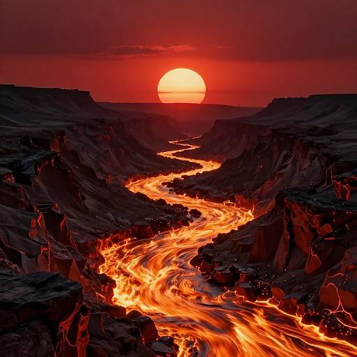 Digital artwork of a vivid, glowing river flowing through a dark canyon at sunset, with a bright red-orange sun setting behind rugged, shadowy cliffs.
