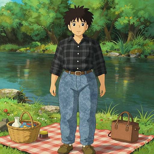 Digital anime-style drawing of a young man with spiky black hair, wearing a black plaid shirt and blue jeans, standing on a red checkered