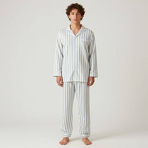 Photograph of a young man with curly brown hair, wearing white striped pajamas, standing barefoot against a plain white background.