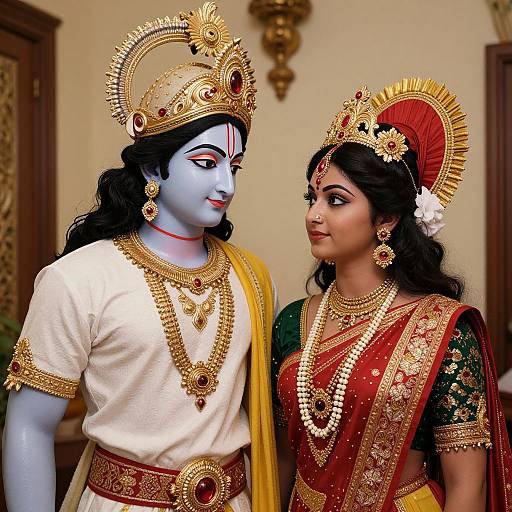 Photograph of a blue-skinned male god and a dark-haired woman in traditional Indian attire with gold jewelry and ornate headdresses, standing close in