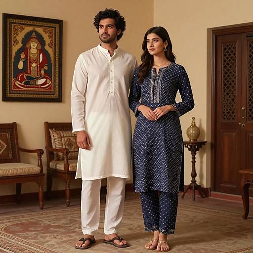 Photograph of a South Asian couple in traditional attire, standing in a warmly lit room with a Buddha painting and wooden furniture. The man wears a white