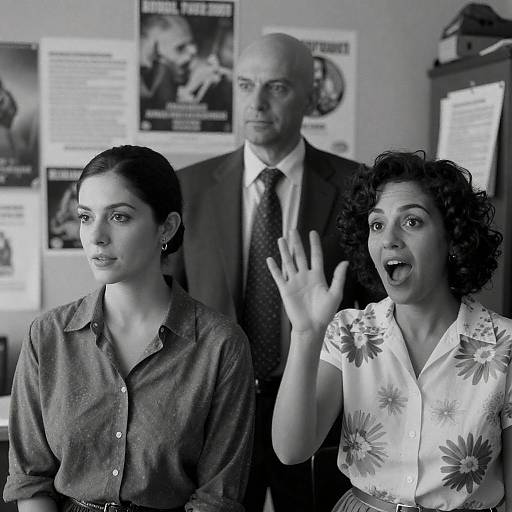 Black-and-White Trio in Cluttered Room
