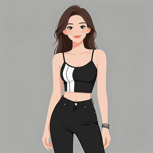 Digital drawing of a smiling Asian woman with long brown hair, wearing a black crop top with a white stripe, black high-waisted jeans, and