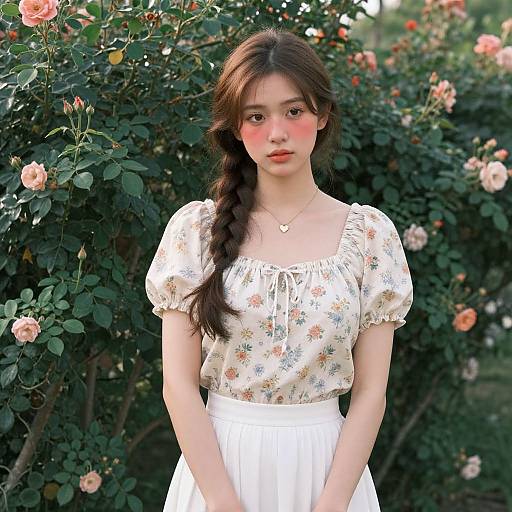 Young Asian woman with long braided brown hair, wearing a floral blouse and white skirt, standing in a rose garden. Blush on cheeks, necklace