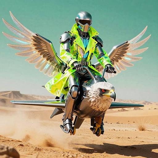 Digital artwork of a futuristic armored rider with glowing neon yellow cloak, riding a winged griffin in a desert landscape.