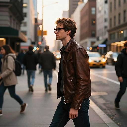 Man in Leather Jacket Walking in City Street