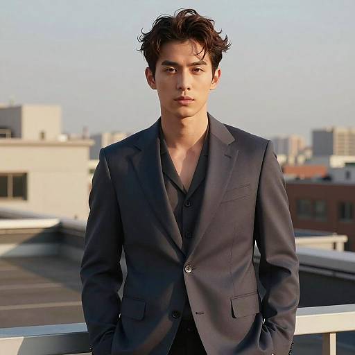 Photograph of a young Asian man with tousled black hair, wearing a dark navy suit over a black shirt, standing on a rooftop with a city
