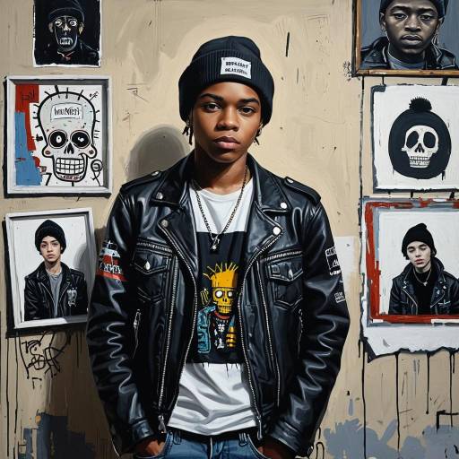 Young man in leather jacket and beanie with urban art background