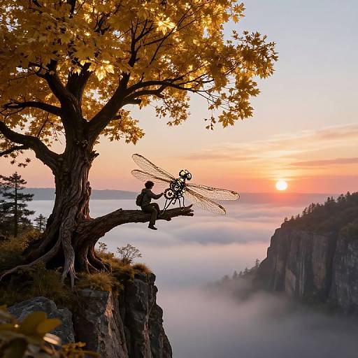 Photograph of a silhouetted fairy with translucent wings and a bicycle sitting on a cliff, overlooking a misty sunrise over a mountainous landscape